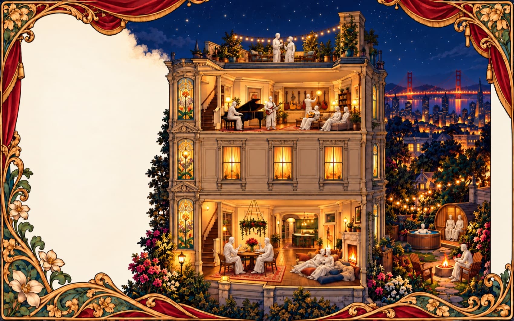 Evening: dinner around the table, music upstairs, the garden lit