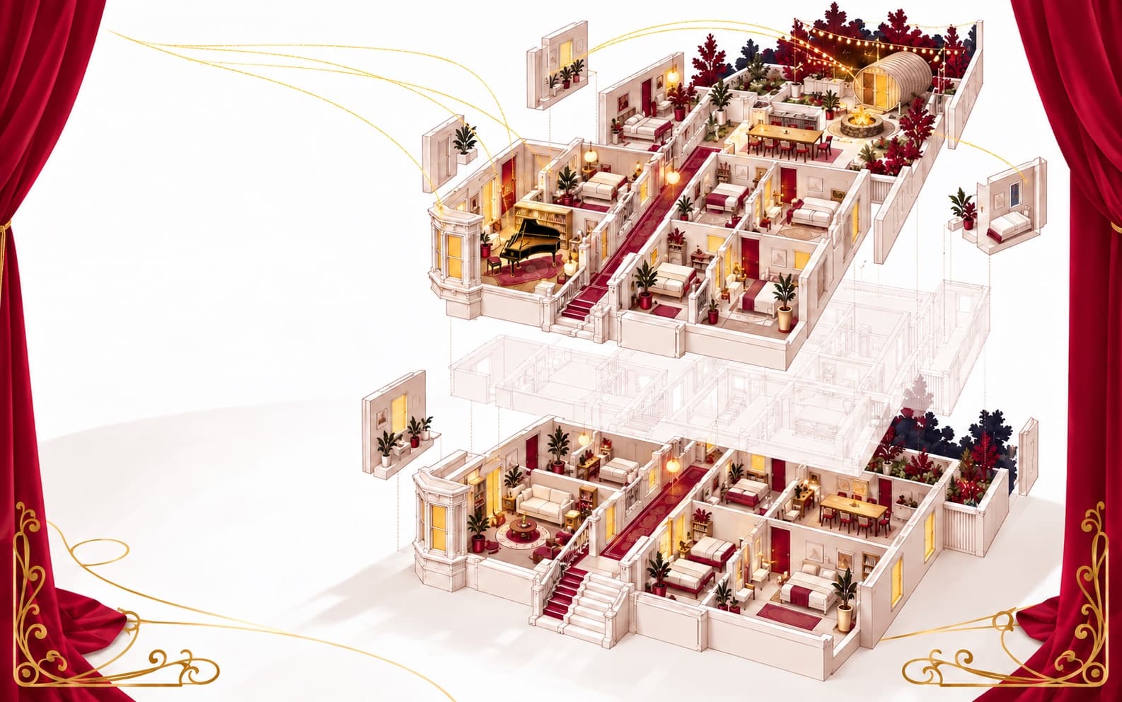 The house assembles itself on the stage, floor by floor, its rooms and garden landing in place