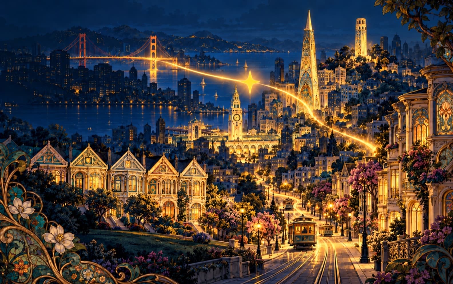 The star's path crosses the city: the Painted Ladies, the cable cars and Coit Tower turn Art Nouveau