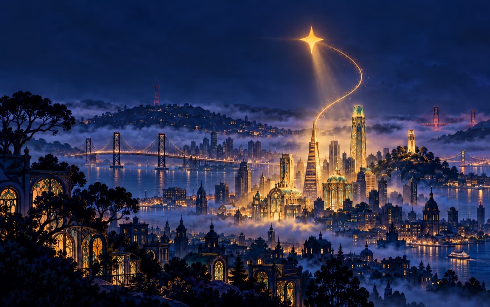 The star descends over San Francisco; the first towers its light touches turn gold