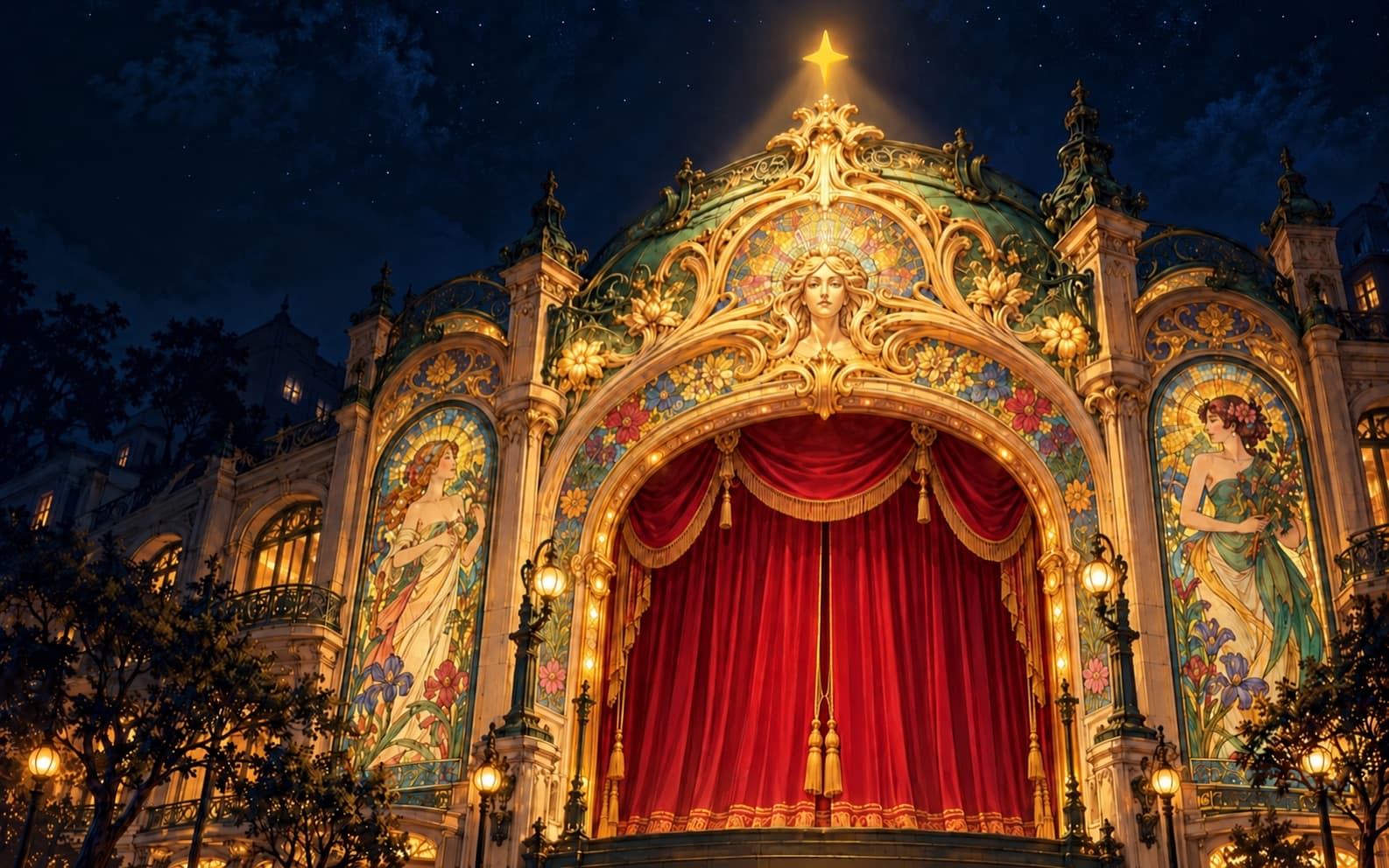 The star stops above an Art Nouveau theater with a crimson curtain